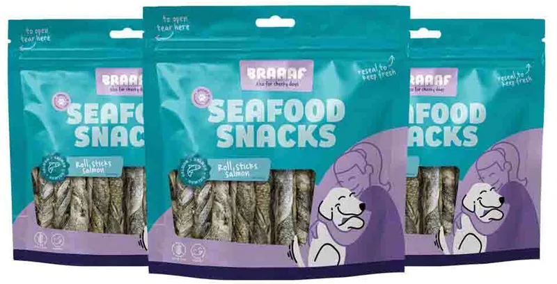 Hondensnack Rol Sticks Zalm 12 cm - 3 x 175 gr - Voordeelverpakking von Braaaf – Produktfoto
