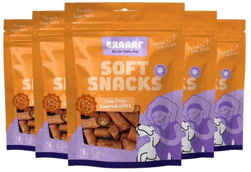 Hondensnack Sticks Tonijn - Pompoen - Selderij - 5 x 85 gr - Voordeelverpakking von Braaaf – Produktfoto