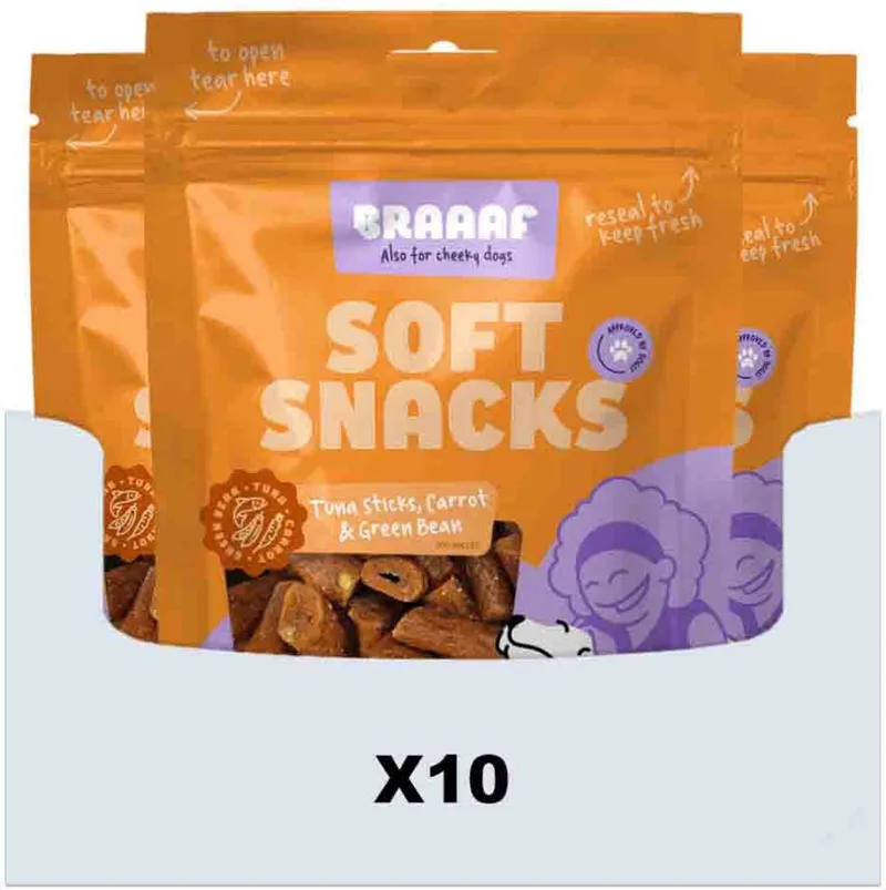Hondensnack Sticks Tonijn - Wortel - Sperzieboon - 10 x 85 gr - Voordeelverpakking von Braaaf – Produktfoto