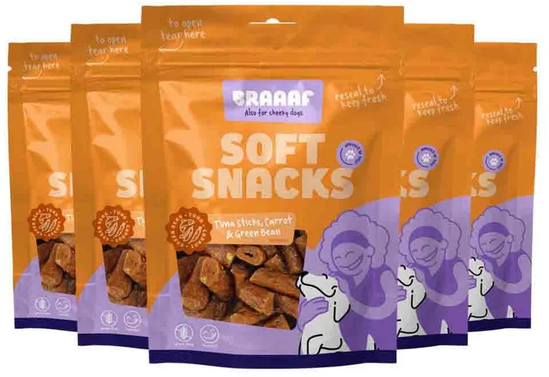 Hondensnack Sticks Tonijn - Wortel - Sperzieboon - 5 x 85 gr - Voordeelverpakking by Braaaf – product photo