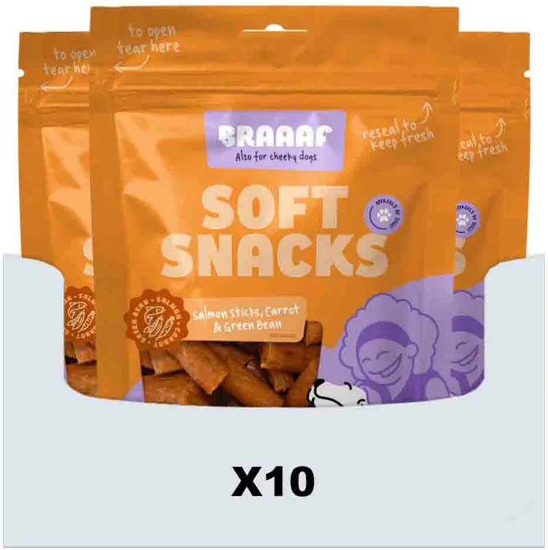 Hondensnack Sticks Wortel - Sperzieboon - Zalm - 10 x 85 gr - Voordeelverpakking by Braaaf – product photo