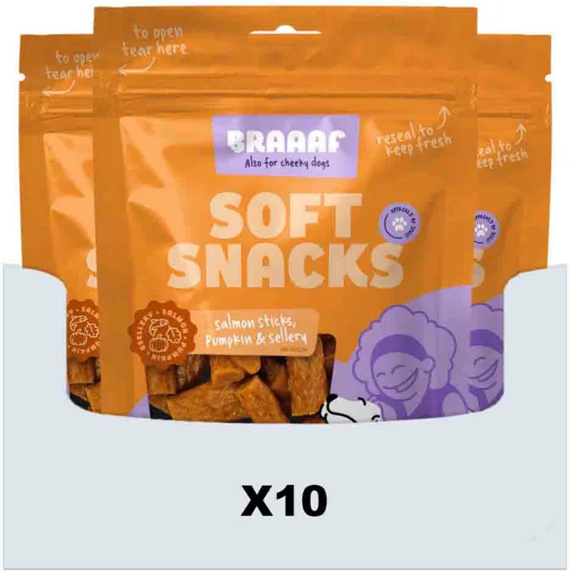 Hondensnack Sticks Zalm - Pompoen - Selderij - 10 x 85 gr - Voordeelverpakking von Braaaf – Produktfoto