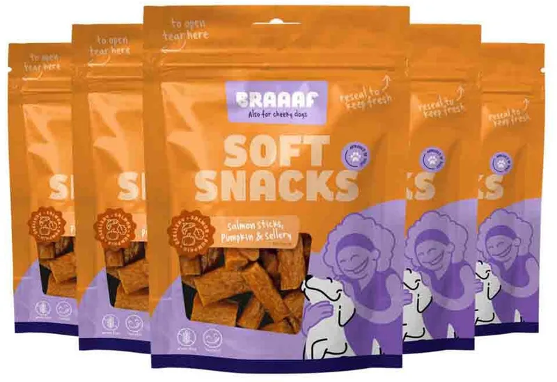Hondensnack Sticks Zalm - Pompoen - Selderij - 5 x 85 gr - Voordeelverpakking by Braaaf – product photo