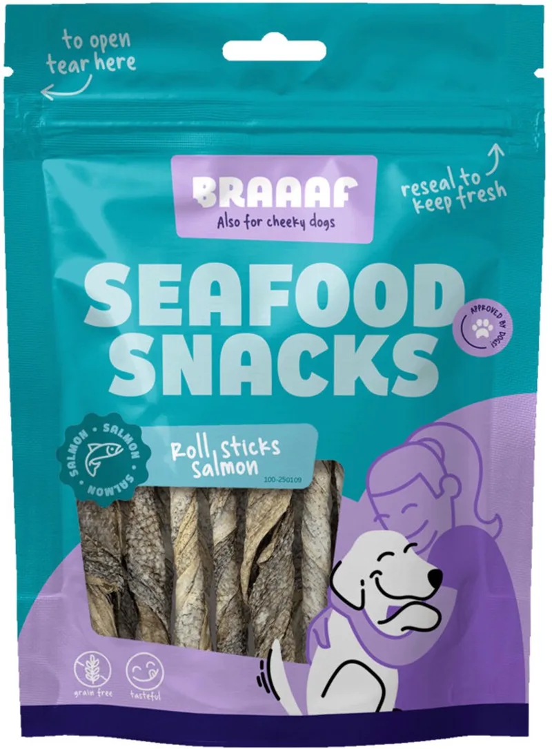 Hondensnack Sticks Zalmhuid 12 cm - 70 gr by Braaaf – product photo
