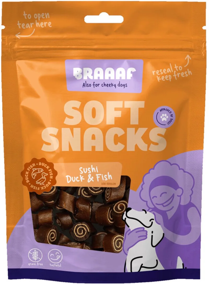 Hondensnack Sushi Eend - Vis - 10 x 85 gr - Voordeelverpakking von Braaaf – Produktfoto