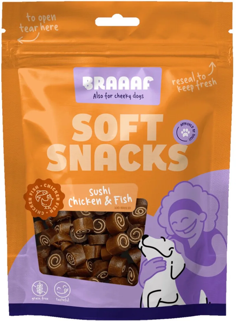 Hondensnack Sushi Kip - Vis - 10 x 85 gr - Voordeelverpakking de Braaaf – photo produit