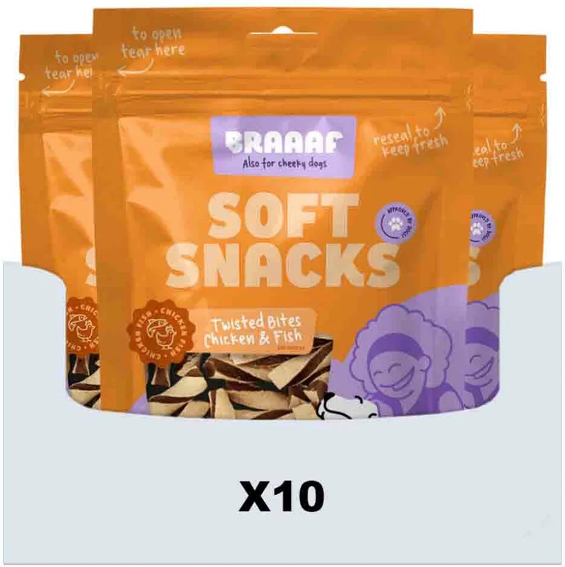 Hondensnack Twisted Bites Kip - Vis - 10 x 85 gr - Voordeelverpakking by Braaaf – product photo