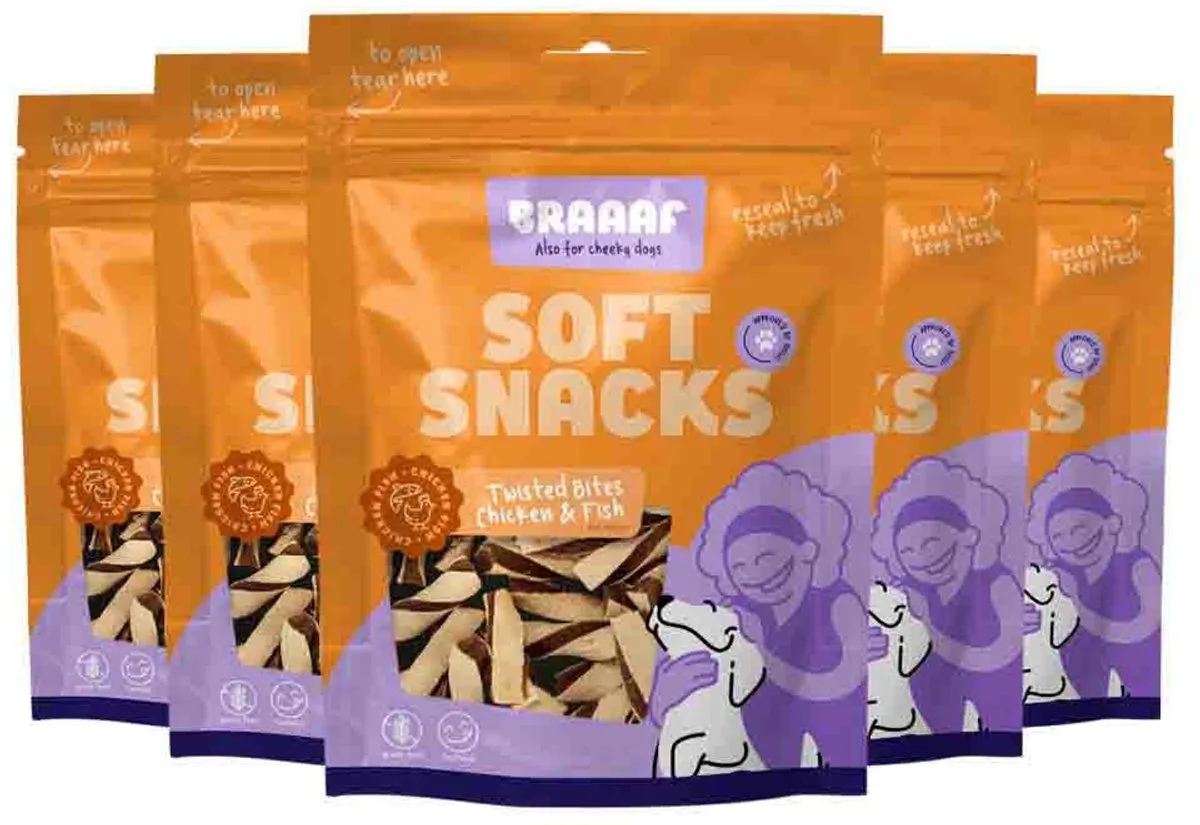 Hondensnack Twisted Bites Kip - Vis - 5 x 85 gr - Voordeelverpakking by Braaaf – product photo