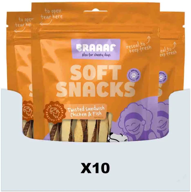 Hondensnack Twisted Sandwich Kip - Vis - 10 x 85 gr - Voordeelverpakking de Braaaf – photo produit