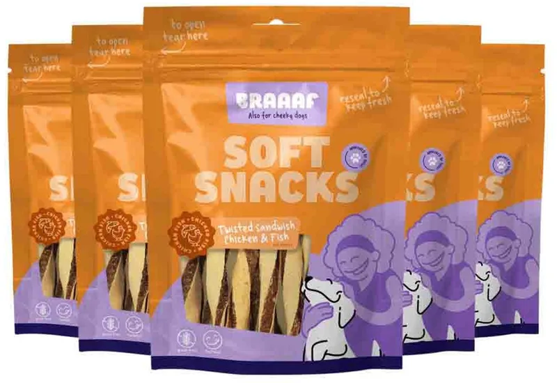 Hondensnack Twisted Sandwich Kip - Vis - 5 x 85 gr - Voordeelverpakking von Braaaf – Produktfoto