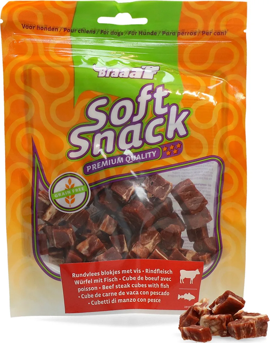 Rund Steak Blokjes met Vis 85 gr van Braaaf – productfoto