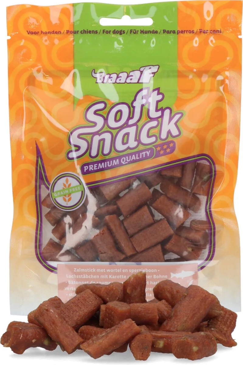 Soft Snack Zalmstick met wortel en sperzieboon van Braaaf – productfoto