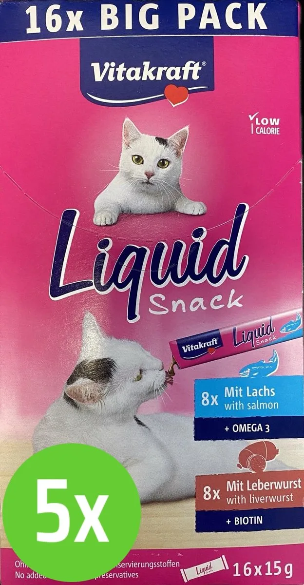 Vitakraft Liquid Snack Multipack 16x15 gr - Kattensnack - Zalm & Leverworst - 5 verpakkingen
