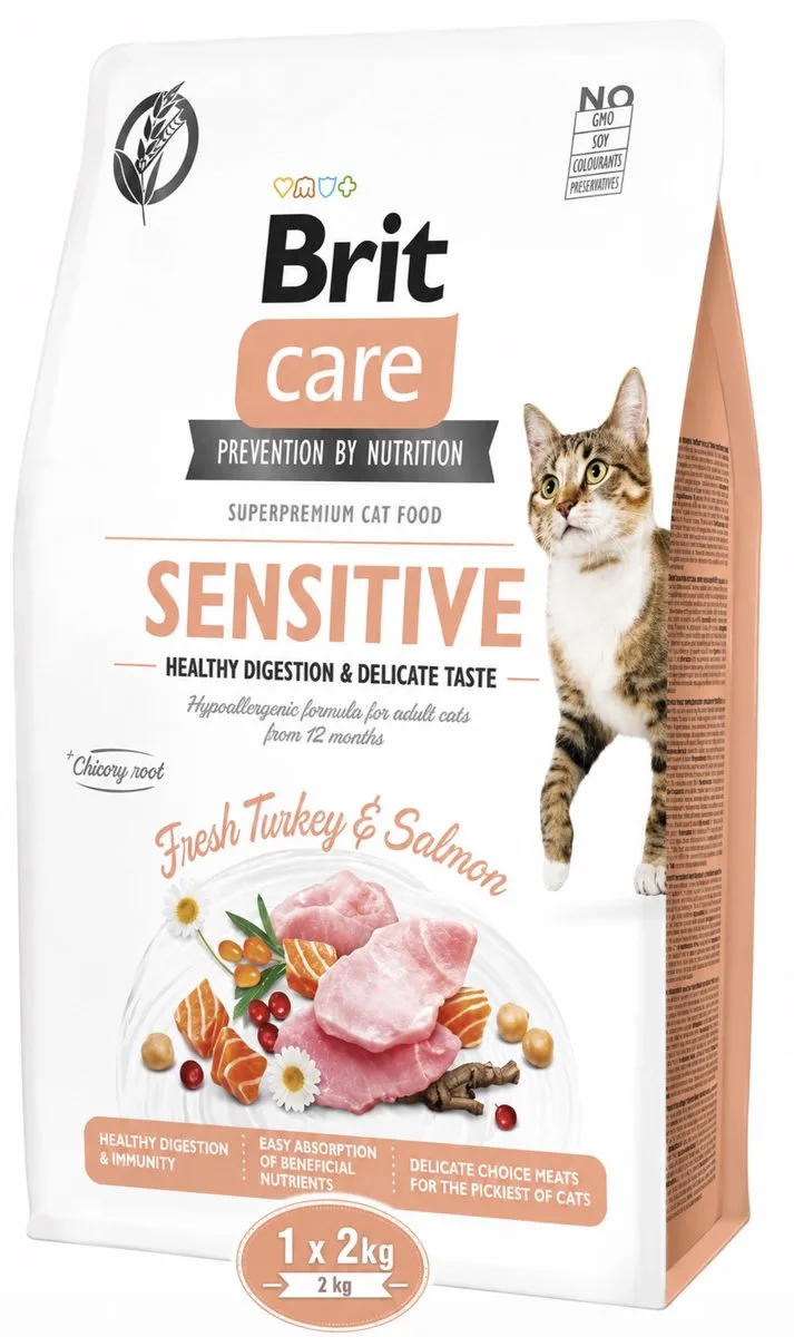 Cat Grain-Free Sensitive - Kattenvoer (Droogvoer) - Kalkoen & Zalm - Gevoelige Maag - 8 kg (4x2kg) de Brit – photo produit