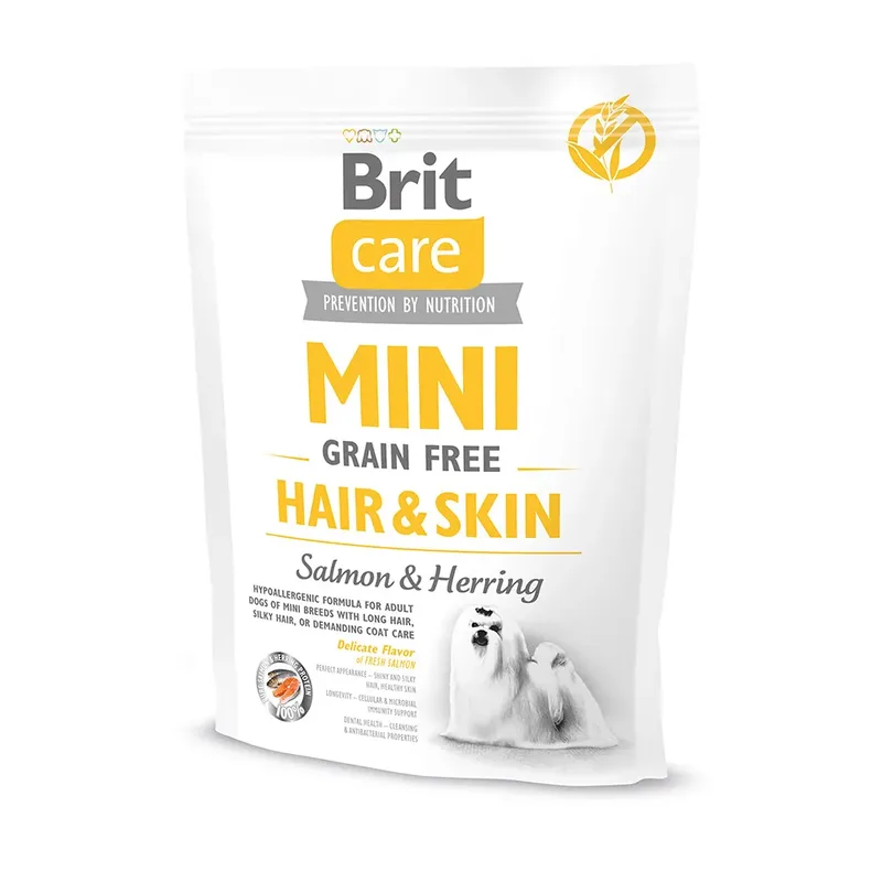 Graanvrij Mini Huid & Vacht Adult Hondenvoer Met Zalm & Haring 400g de Brit – photo produit