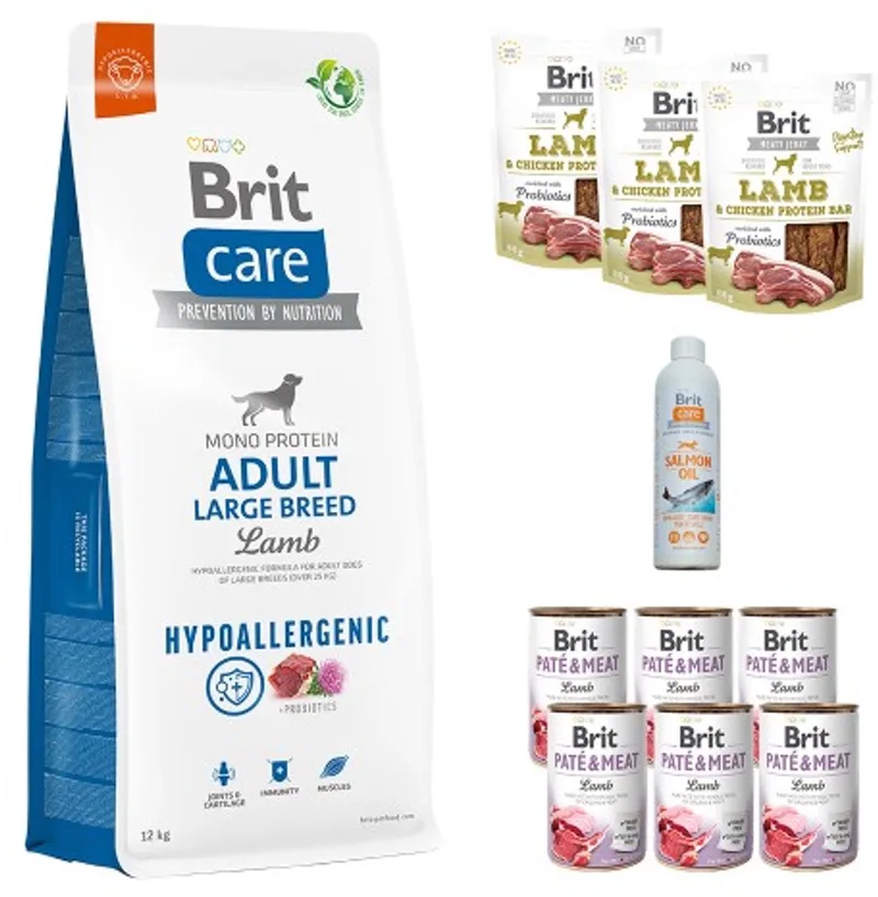 large breed lamb 12kg met 6 blikken & 3 snacks & zalmolie maandpakket hondenvoer by Brit – product photo