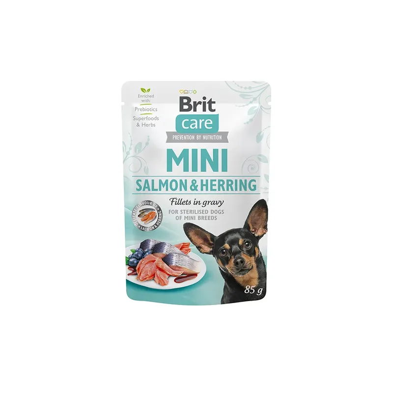 Mini Natvoer In Pouch Voor Gesteriliseerde Volwassen Honden Met Zalm & Haring 24x85g by Brit – product photo