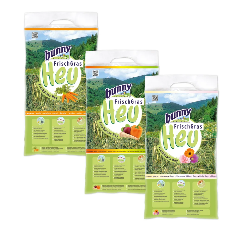 3x500g Bunny FreshGrass Hooi Set Wortel, Vitaal, Bloesem Hooi voor Kleine Dieren van Bunny Nature – productfoto