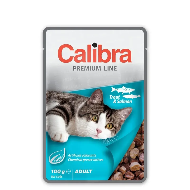Volwassen Natvoer Voor Katten Met Forel En Zalm In Zakjes 24x100g by Calibra – product photo
