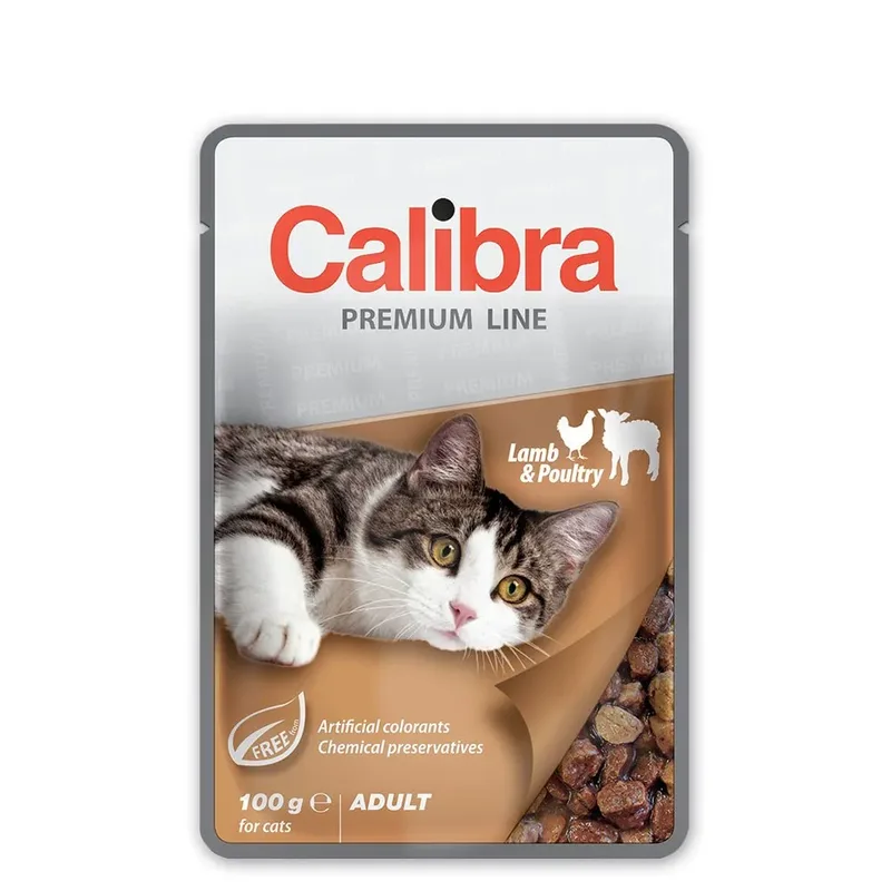 Zakje Volwassen Kat Lam Kip Doos 24x100g Natvoer de Calibra – photo produit