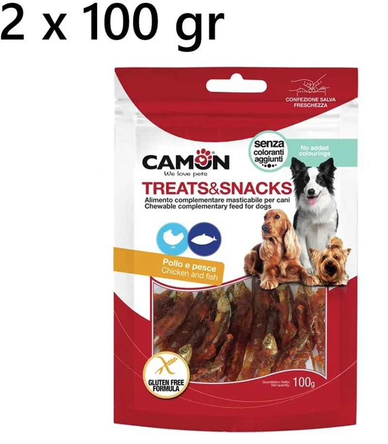 2 X CAMON HONDENSNACK GEWENTELDE VISJES IN KIPPENVLEES 100 GR=200 GR - GEEN KLEURSTOFFEN - GLUTENVRIJ - EEN ECHTE LEKKERIJ - CHICKEN AND FISH by Camon – product photo