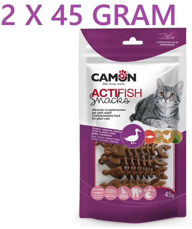 kattensnack - ** 2 X ** Actifish snacks 45 gr= 90 GR** eend 30% - zalm 10% en kip 5% ** kattengras en rozemarijn -TANDVERZORGEND - HAARBALREMOVER - PLAY & EAT