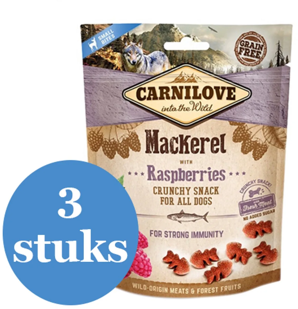 Crunchy Snack Makreel / Framboos - 3 x 200 g van Carnilove – productfoto