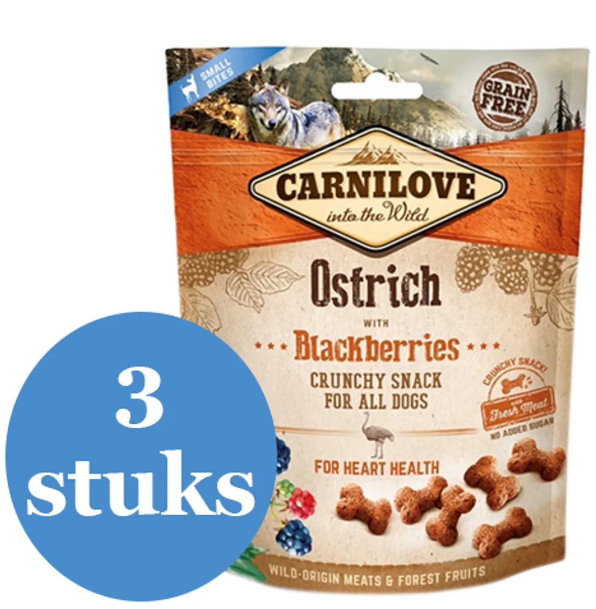 Crunchy Snack Struisvogel / Zwarte Bes - 3 x 200 g van Carnilove – productfoto