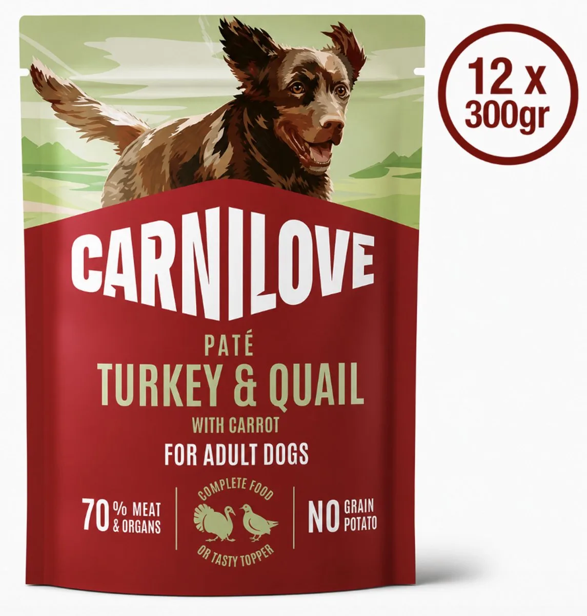 Dog Pouch Paté Turkey & Quial with Yellow Carrot 12 x 300 g van Carnilove – productfoto