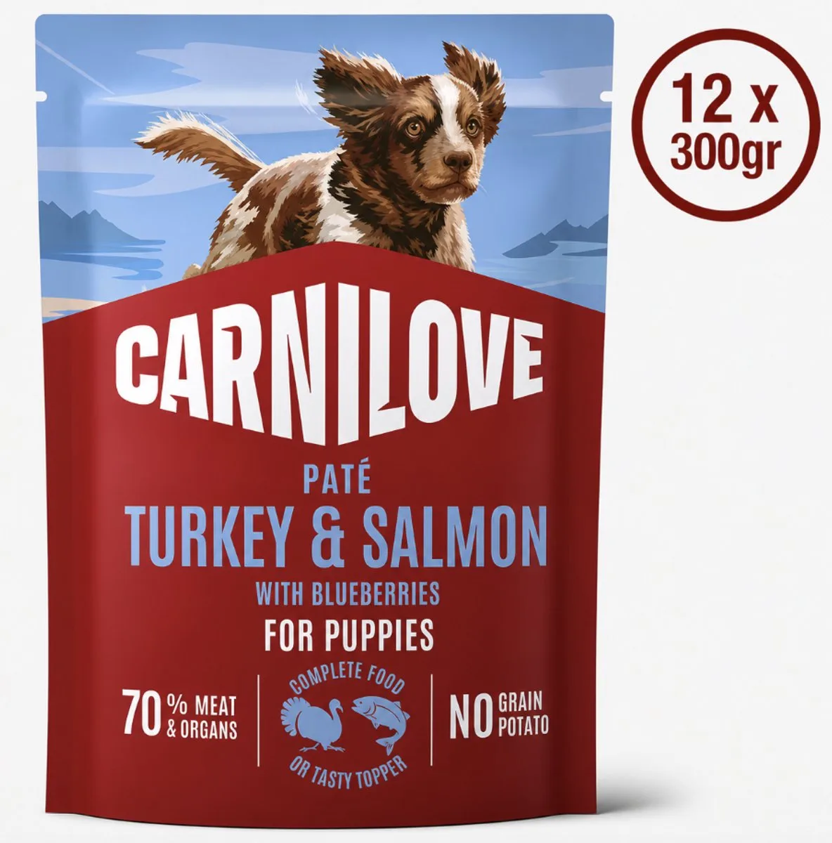 Dog Pouch Paté Turkey & Salmon with Blueberries for Puppies 12 x 300 g by Carnilove – product photo