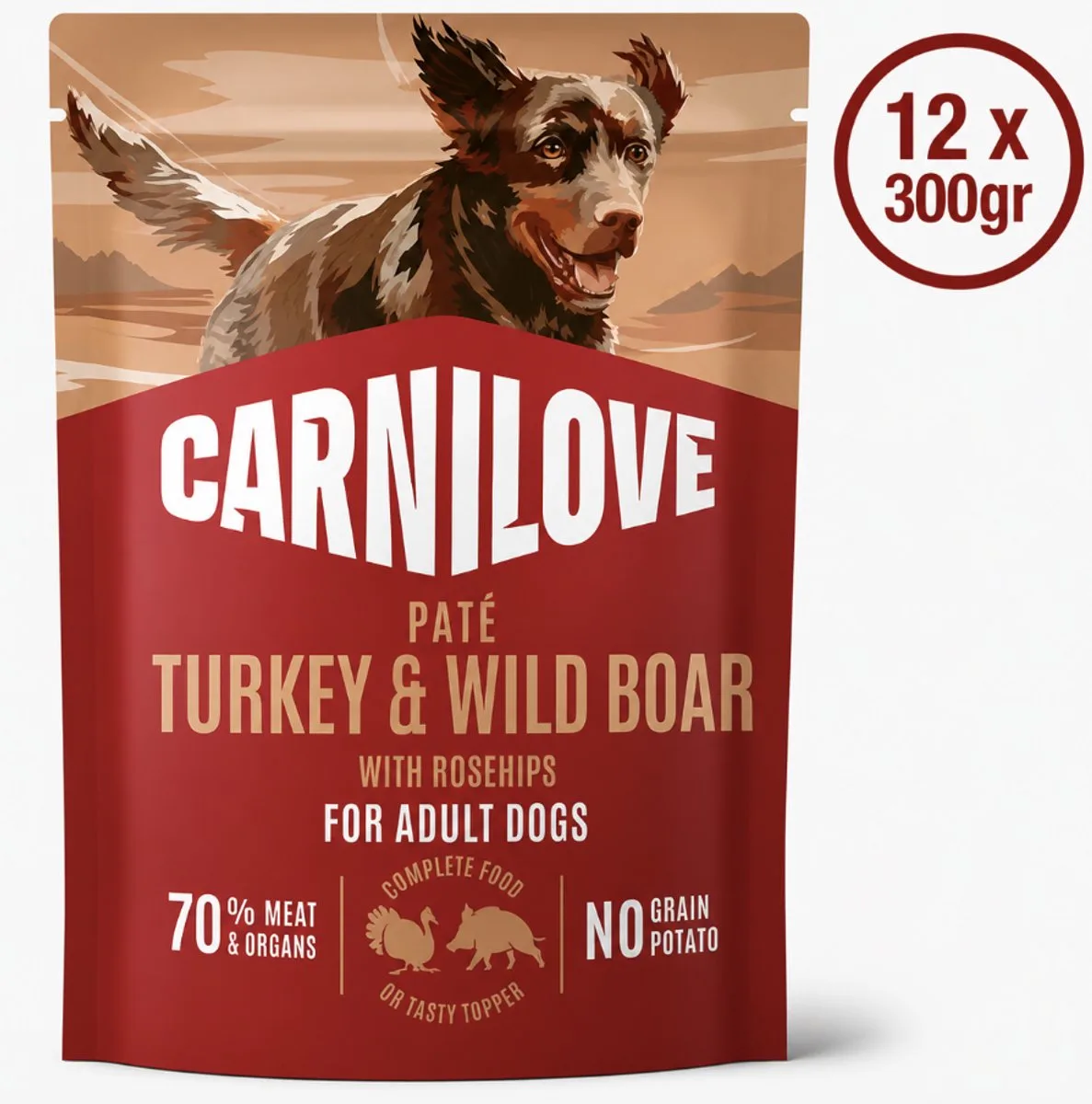 Dog Pouch Paté Turkey & Wildboar with Rosehips 12 x 300 g by Carnilove – product photo