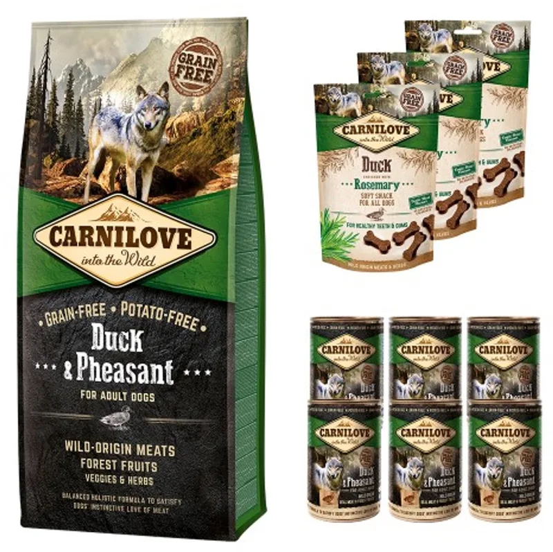 eend fazant 12kg met 6 blikken natvoer & 3 snacks maandpakket hondenvoer by Carnilove – product photo