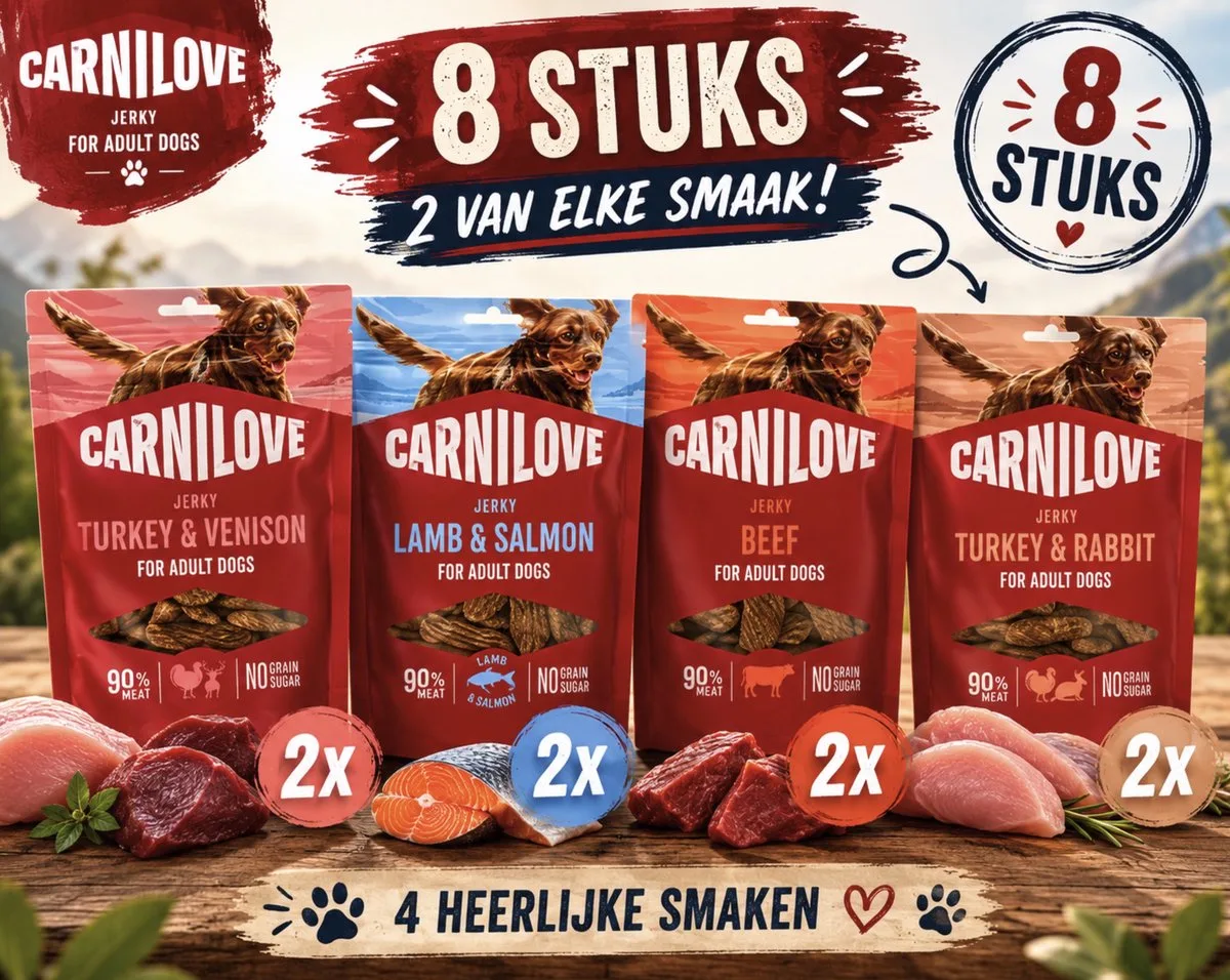 Jerkys snackpakket alle 4 smaken 2 stuks van elk by Carnilove – product photo