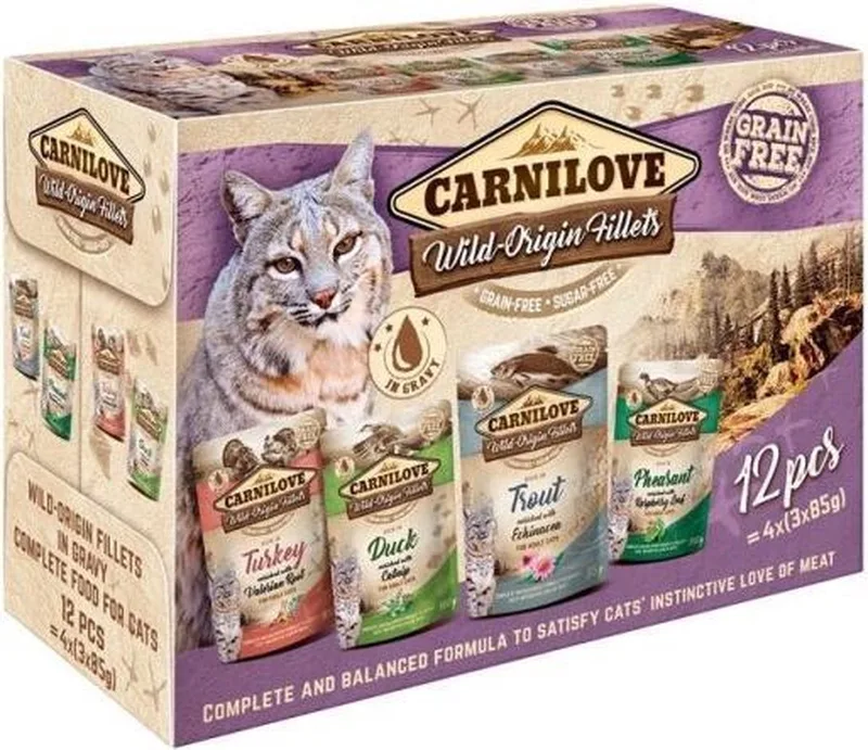 Natvoer Katten - Graanvrij Multipack 12x85g - Met Kalkoen, Eend, Forel, Fazant de Carnilove – photo produit