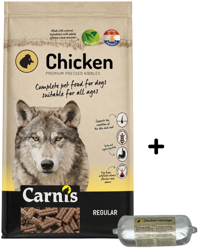 Chicken Regular geperst hondenvoer 12,5 kg + Gestoomde worst kip 200gr - Hond de Carnis – photo produit