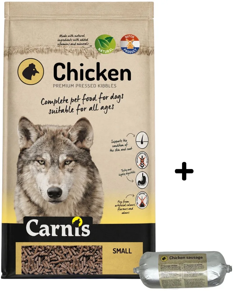 Chicken Small geperst hondenvoer 12,5 kg + Gestoomde worst kip 200gr - Hond by Carnis – product photo