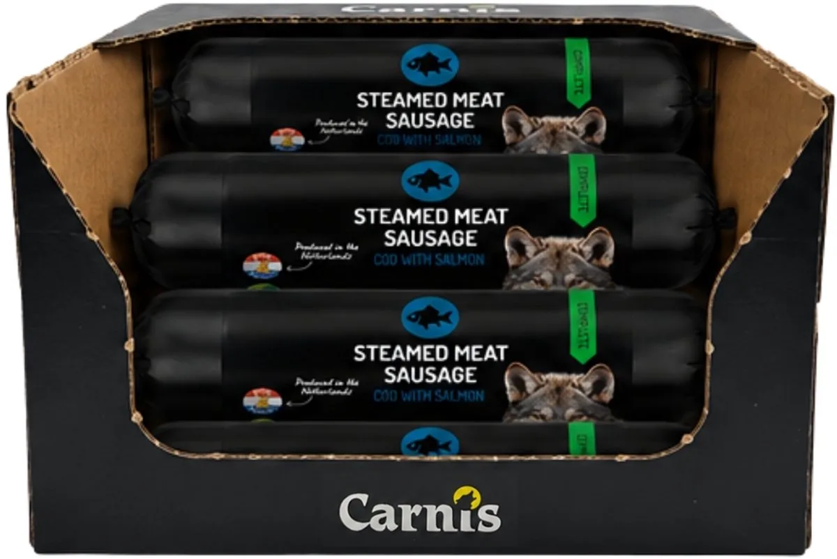 Graanvrije Gestoomde Vleesworst Kabeljauw met Zalm Omdoos 15 x 400 gram - Hond - Kat de Carnis – photo produit