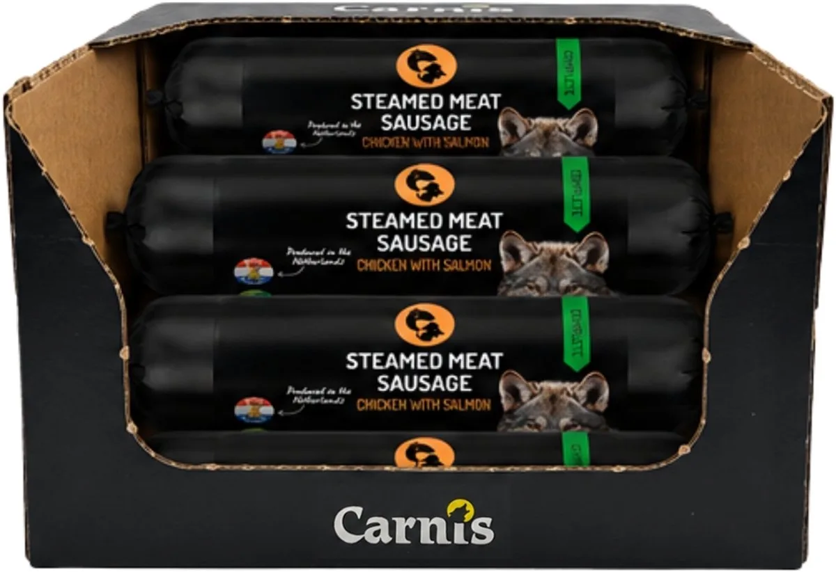 Graanvrije Gestoomde Vleesworst Kip met Zalm Omdoos 15 x 400 gram - Hond de Carnis – photo produit