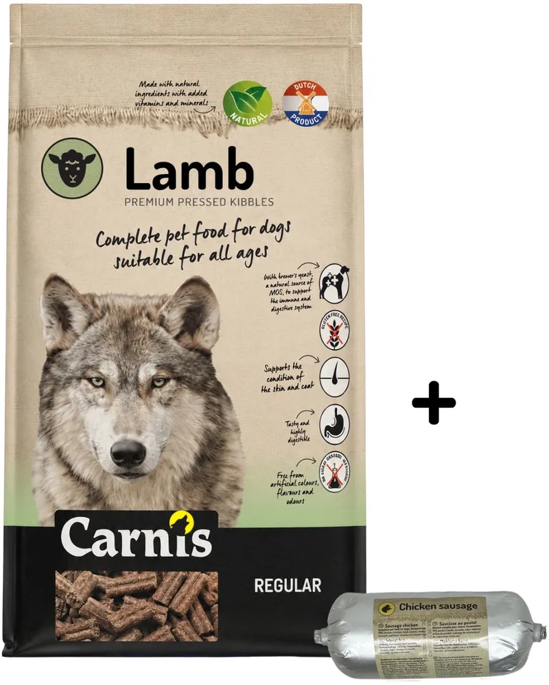 Lamb Regular geperst hondenvoer 12,5 kg + Gestoomde worst kip 200gr - Hond de Carnis – photo produit