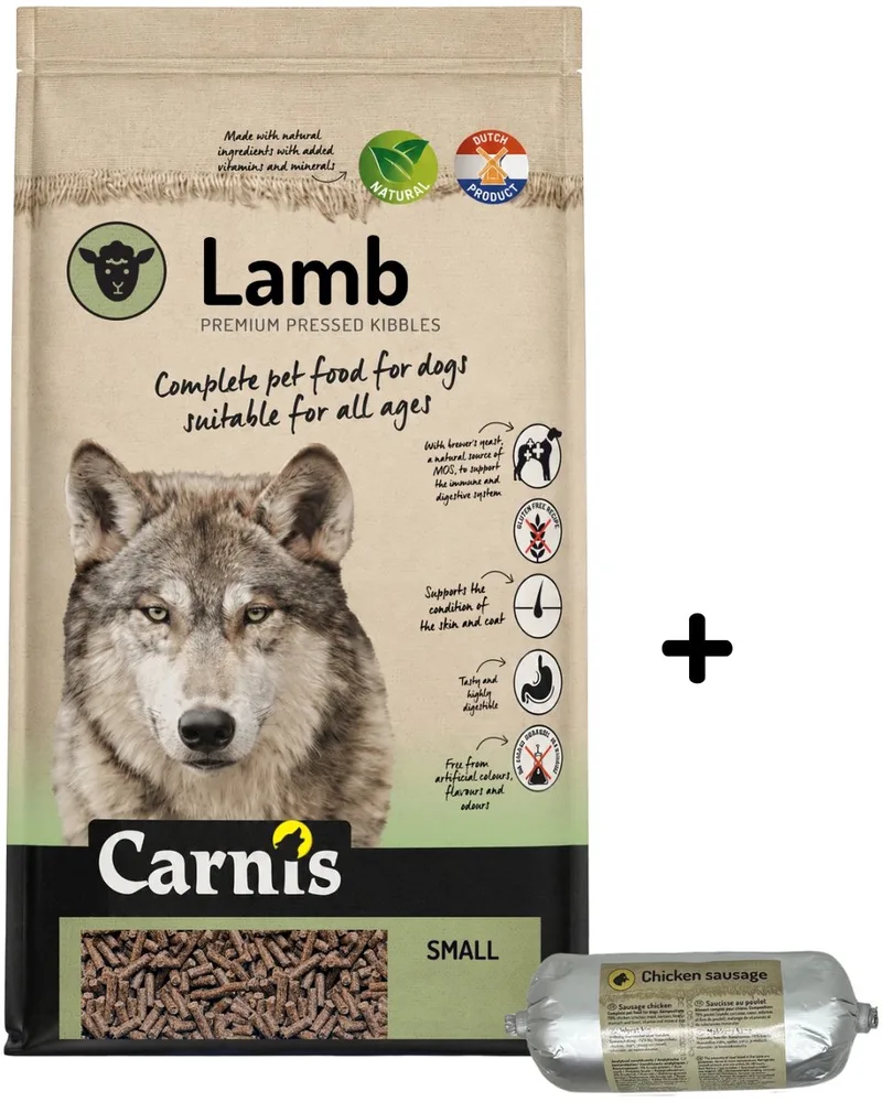Lamb Small geperst hondenvoer 12,5 kg + Gestoomde worst kip 200gr - Hond by Carnis – product photo