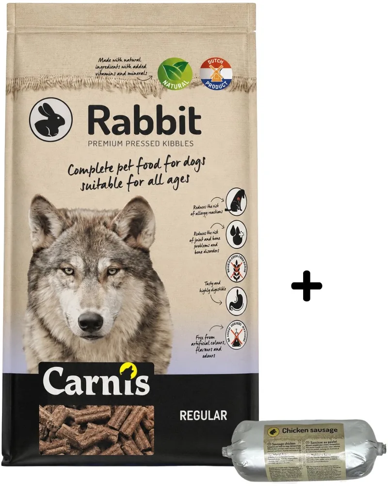 Rabbit Regular geperst hondenvoer 12,5 kg + Gestoomde worst kip 200gr - Hond by Carnis – product photo