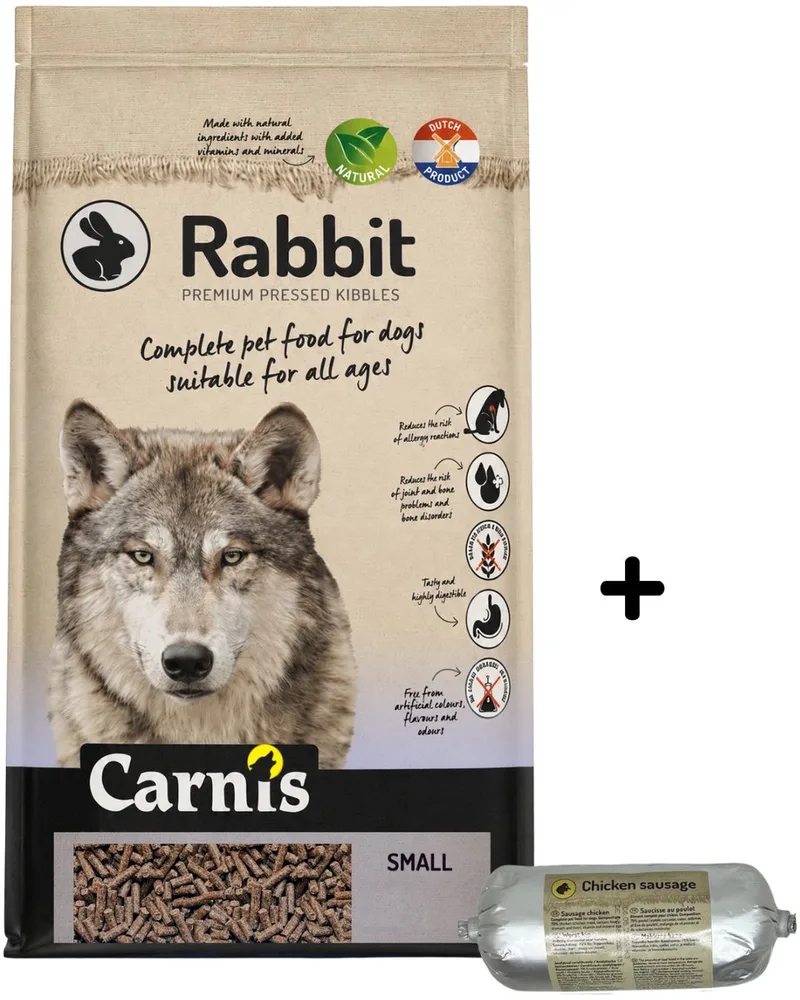 Rabbit Small geperst hondenvoer 12,5 kg + Gestoomde worst kip 200gr - Hond de Carnis – photo produit