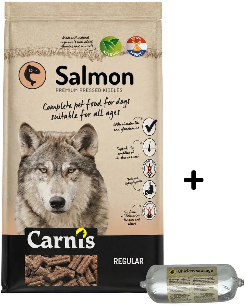 Salmon Regular geperst hondenvoer 12,5 kg + Gestoomde worst kip 200gr - Hond by Carnis – product photo