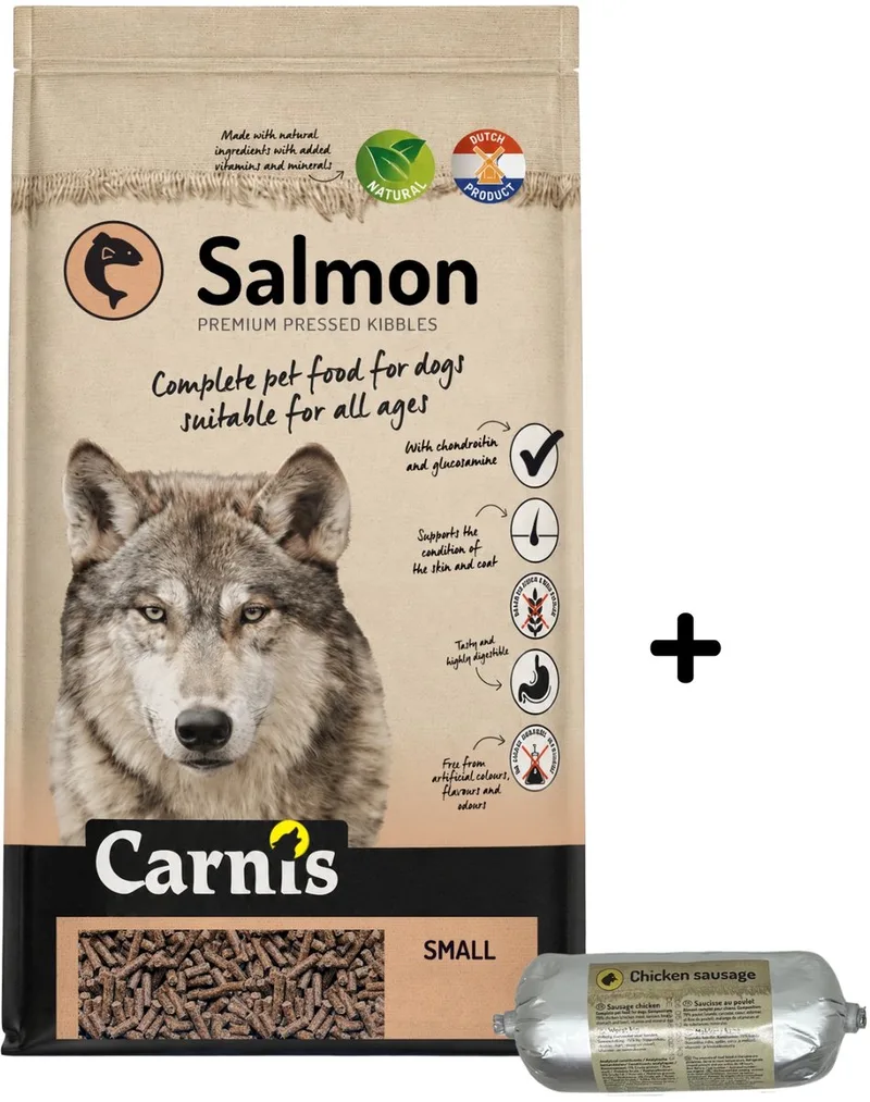 Salmon Small geperst hondenvoer 12,5 kg + Gestoomde worst kip 200gr - Hond von Carnis – Produktfoto