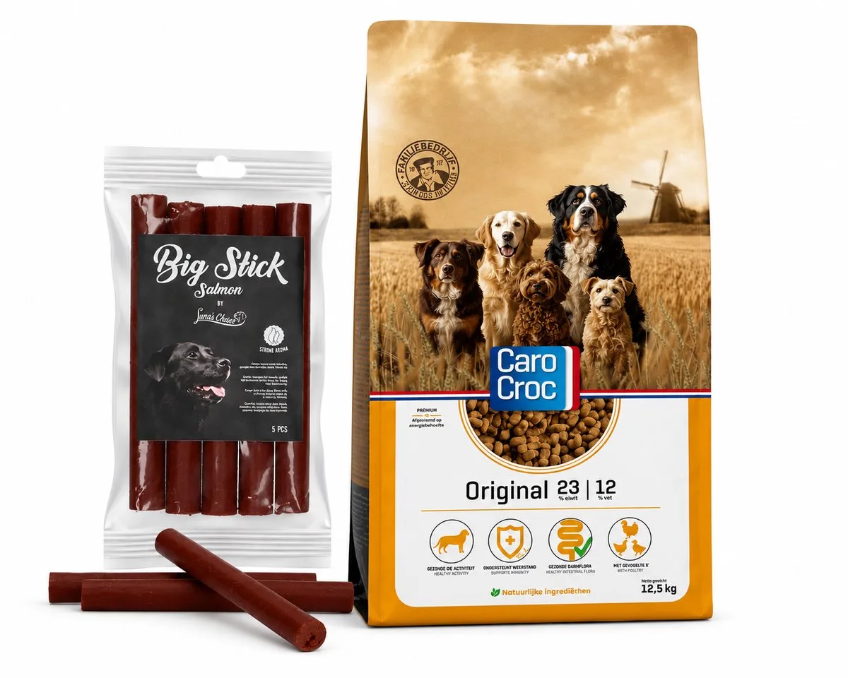 Original 12,5 kg met Luna's Choice Big Stick 5 st. Zalm van CaroCroc – productfoto