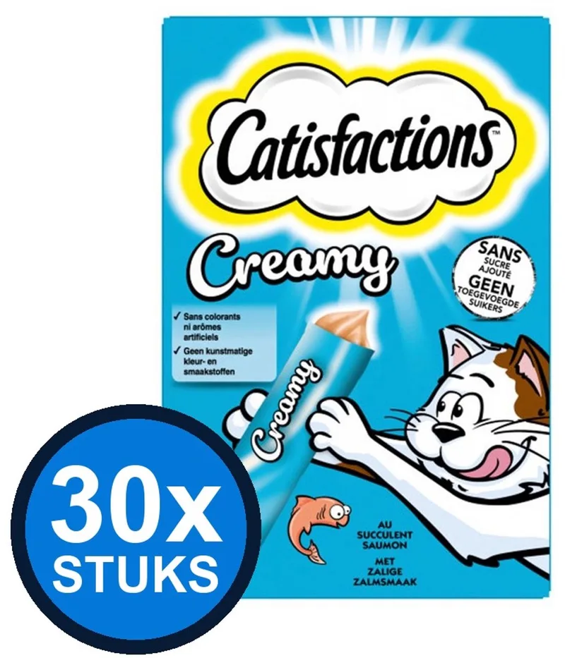 30x Catisfactions - Creamy Zalm Multipack (4x10g) - Kattenvoer Snacks - 40 g fra Catisfactions – produktbillede