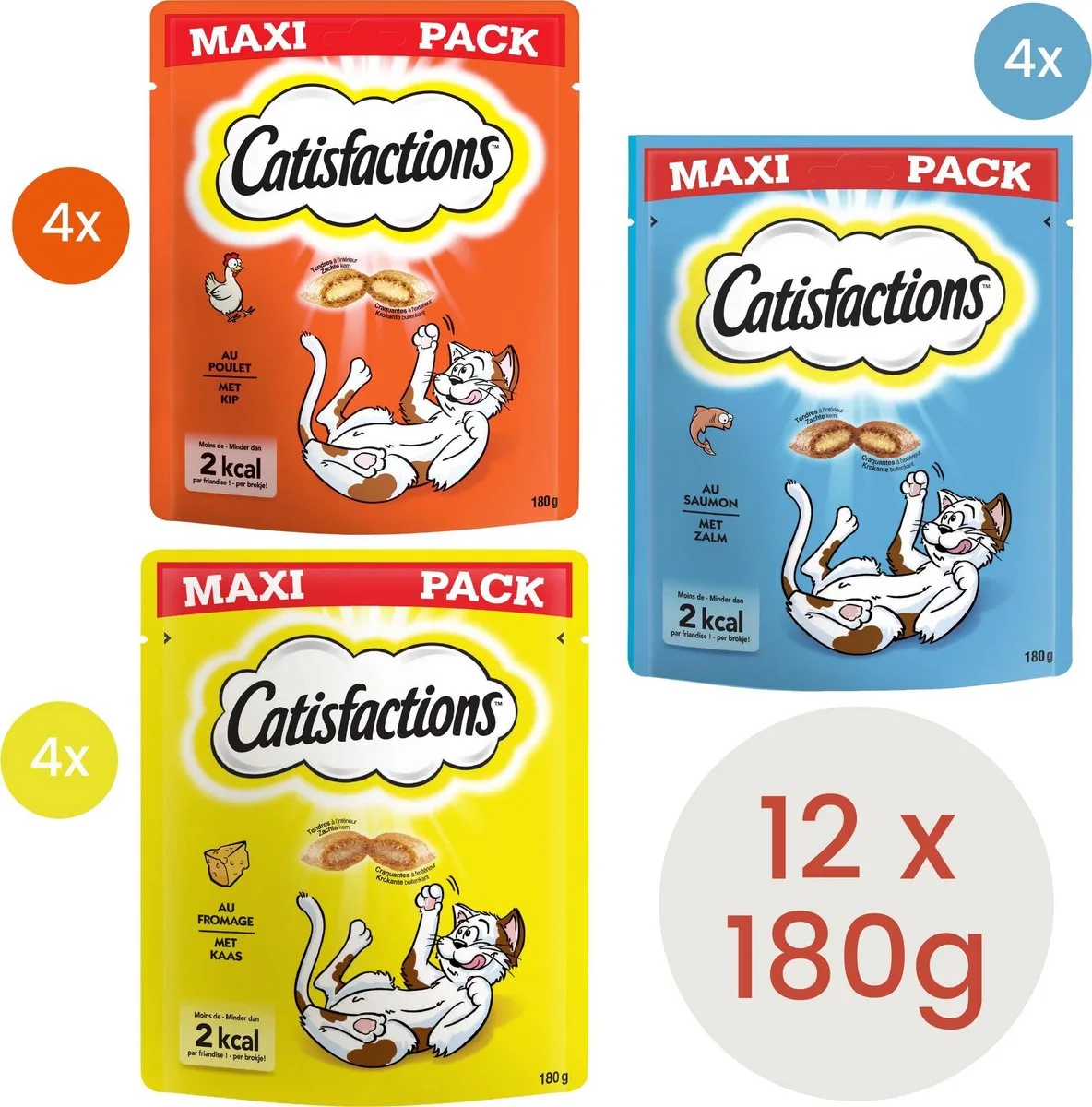 katten snoepjes mix - Zalm, Kip, Kaas - 12 zakjes van 180g - 2160g by Catisfactions – product photo