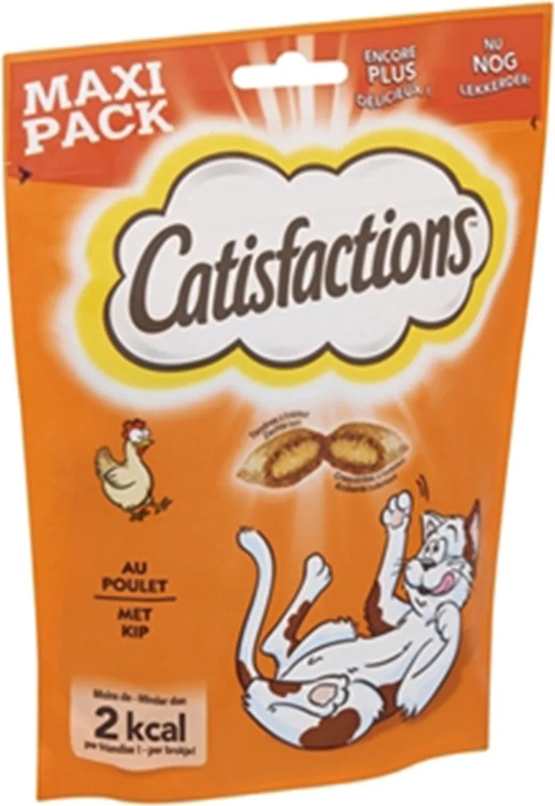 kattensnack MINDER DAN 2 KCAL met smakelijke kip zacht vanbinnen - knapperig vanbuiten verpakking van 180 gr von Catisfactions – Produktfoto