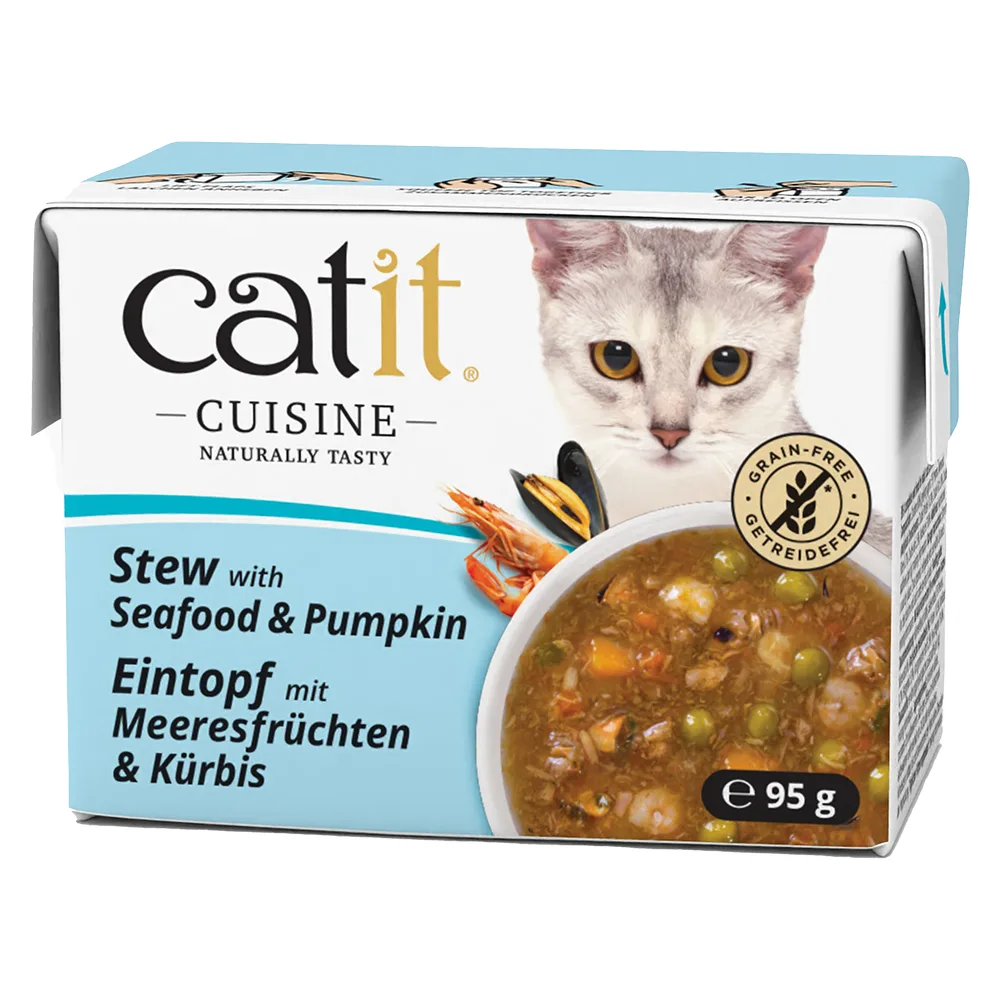 12x95g Catit Cuisine stoofpot zeevruchten met pompoen nat kattenvoer by Catit – product photo
