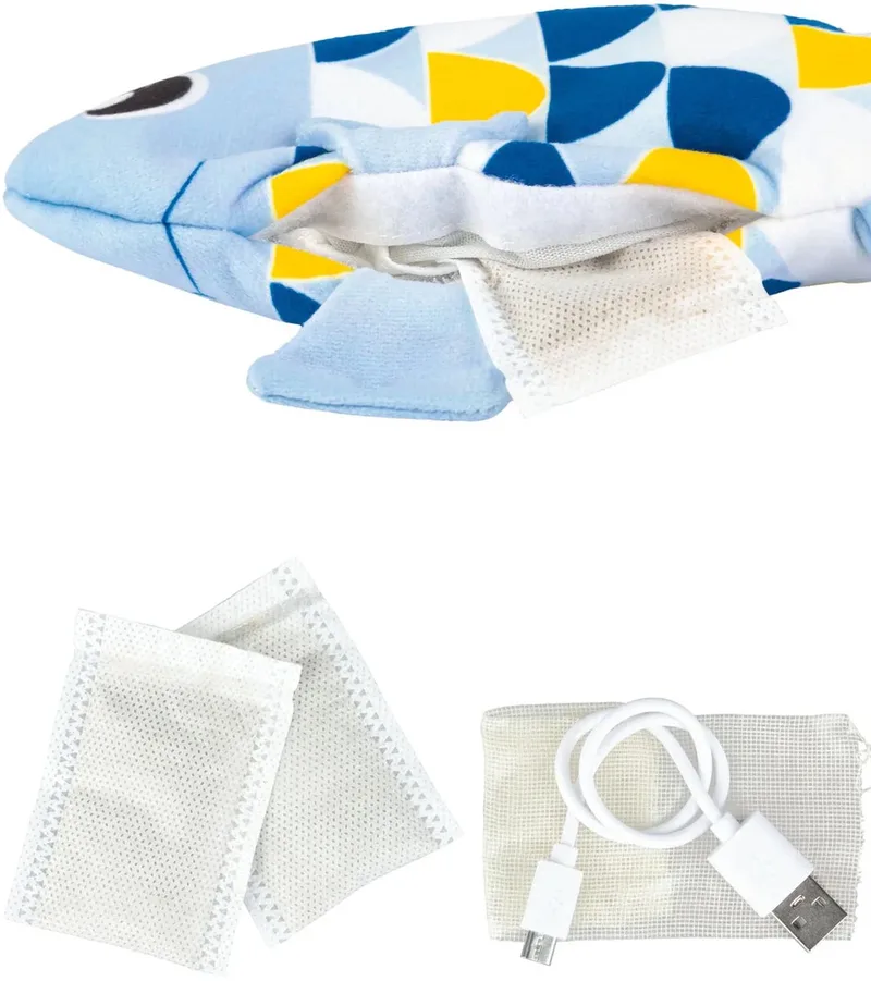 Groovy Fish Cat Toy, op batterijen, schattige en schattige speelgoedvis voor het vermaak van uw kat, stuiteren en kronkelen Afneembare, hoogwaardige stoffen hoes met zijvak, die kan worden gevuld met een zakje kattenkruid Oplaadbare batterij met USB fra Catit i Blå – produktbillede